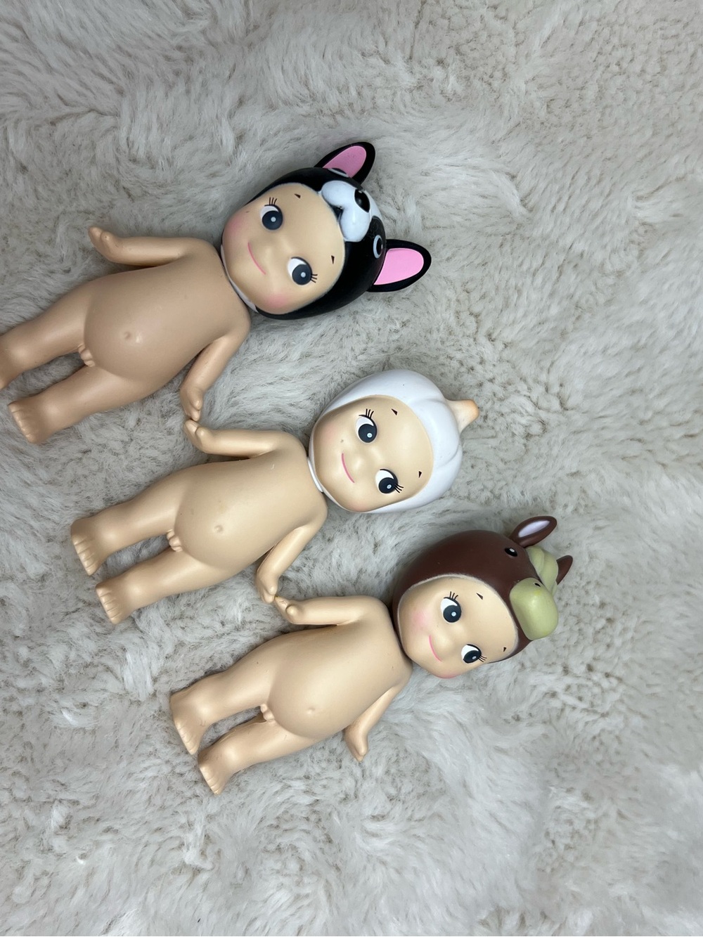 Set of 3 Sonny Angel-style Mini Figures in Black, White & Brown Animal Hats